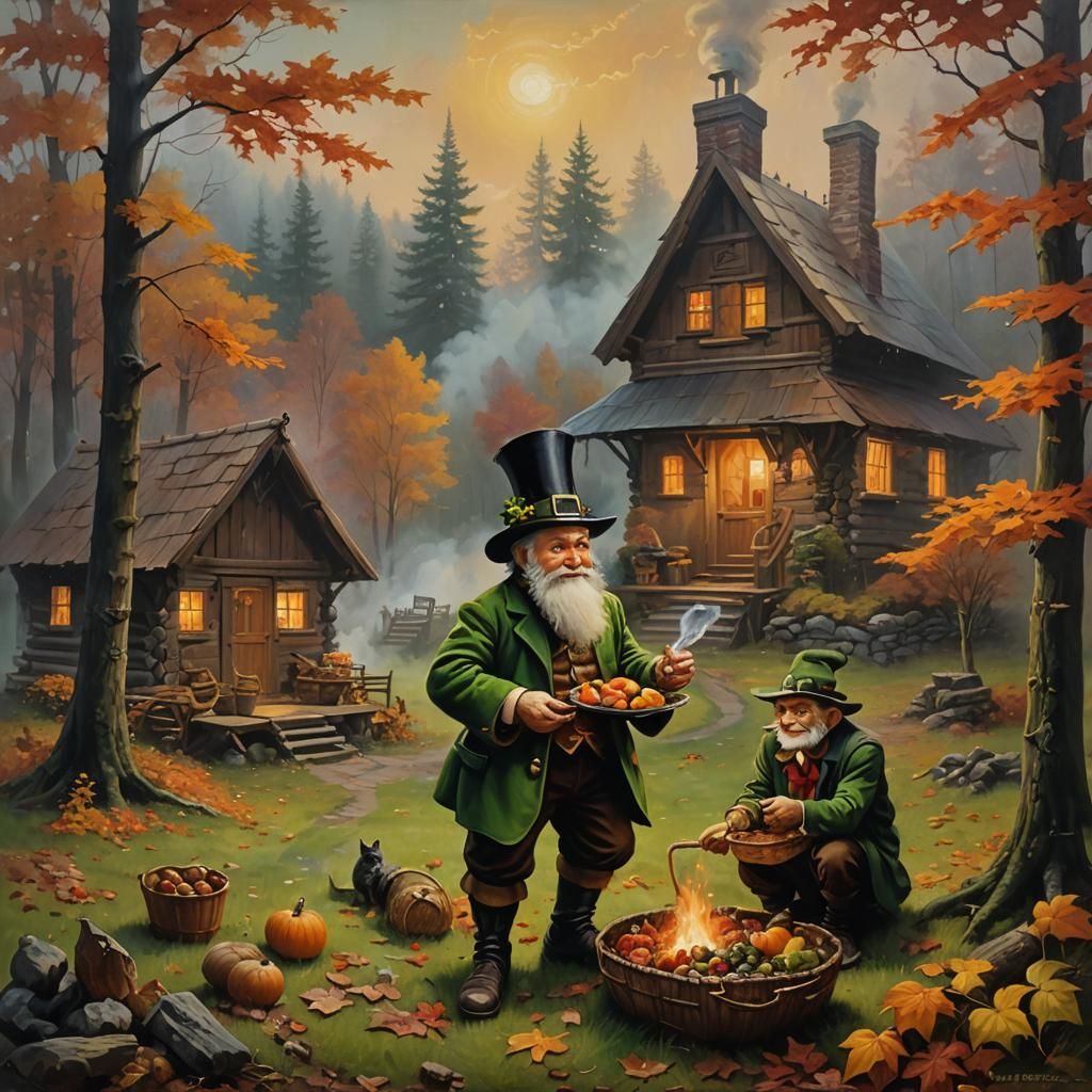 Leprechaun and Goblin Picnic in Autumnal Woods
