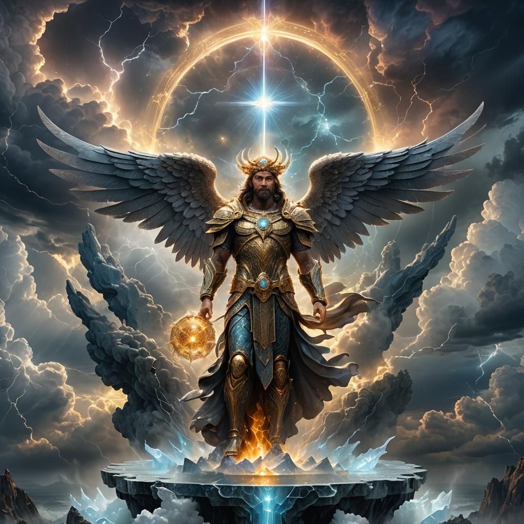 Archangel Metatron on Crystal Platform in Ethereal Sky