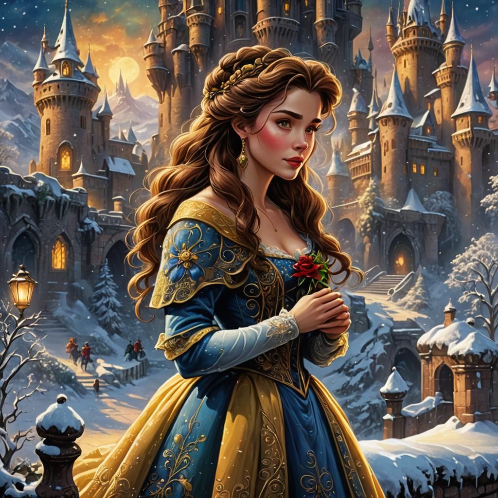 Belle and Beast Winter Scene: Disney Cartoon