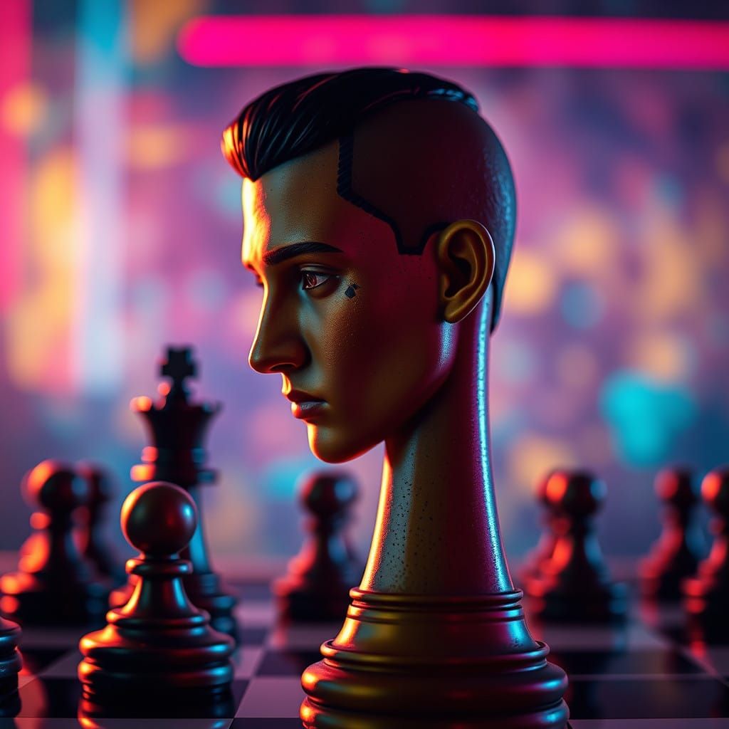 Human Chess Piece in Cyberpunk Portrait Style