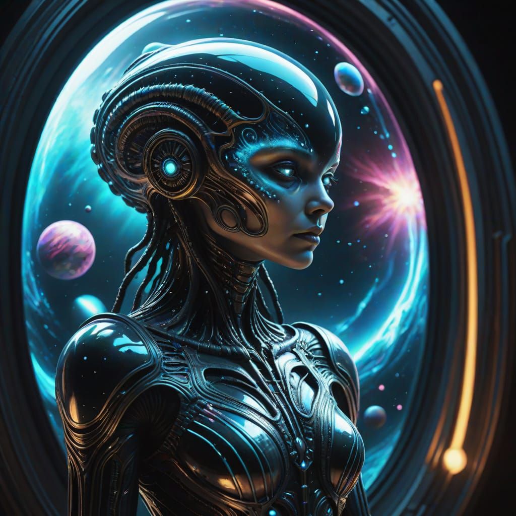 Rococo Alien Stares at Planets in Giger Style
