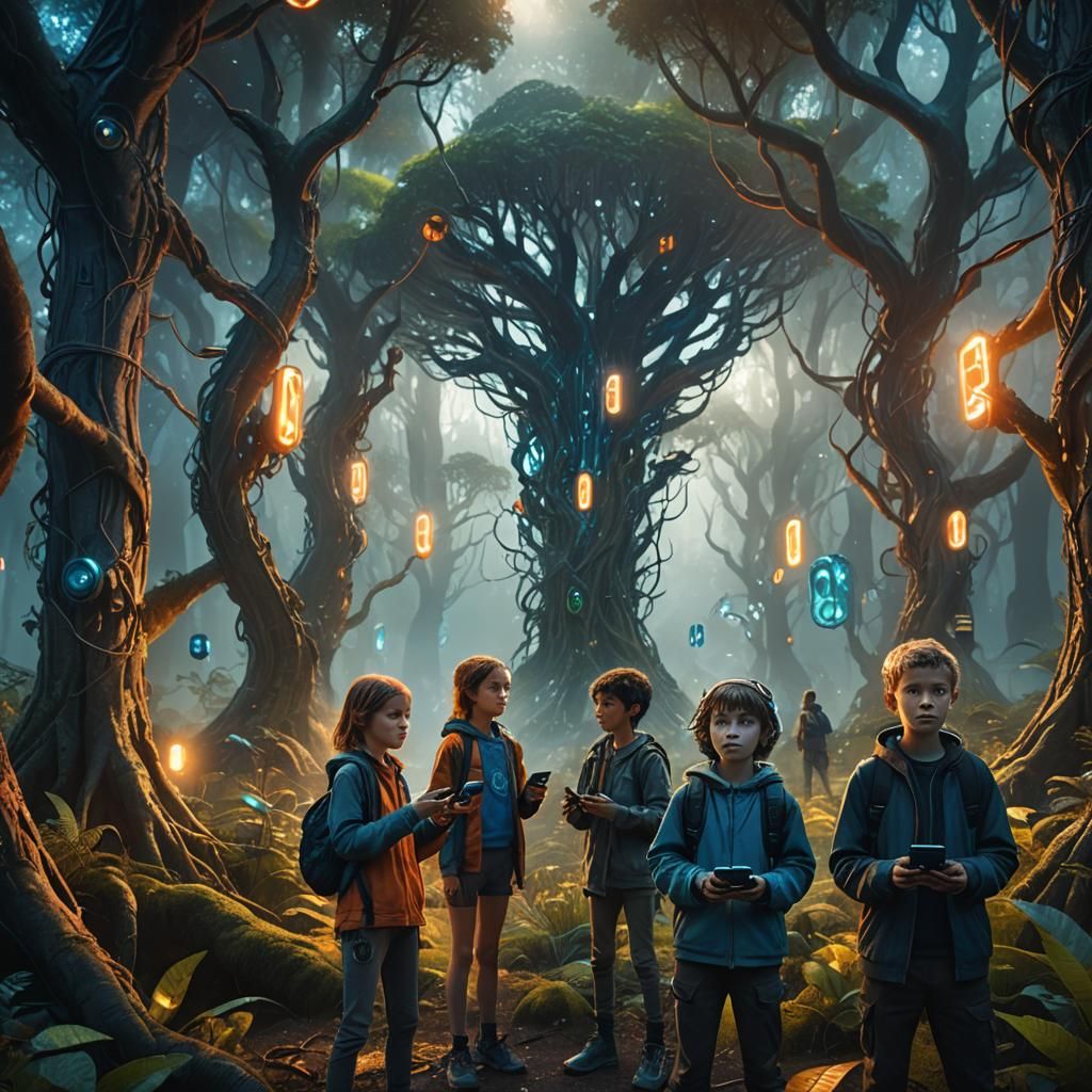 Human-Alien Children Learning in Futuristic Forest