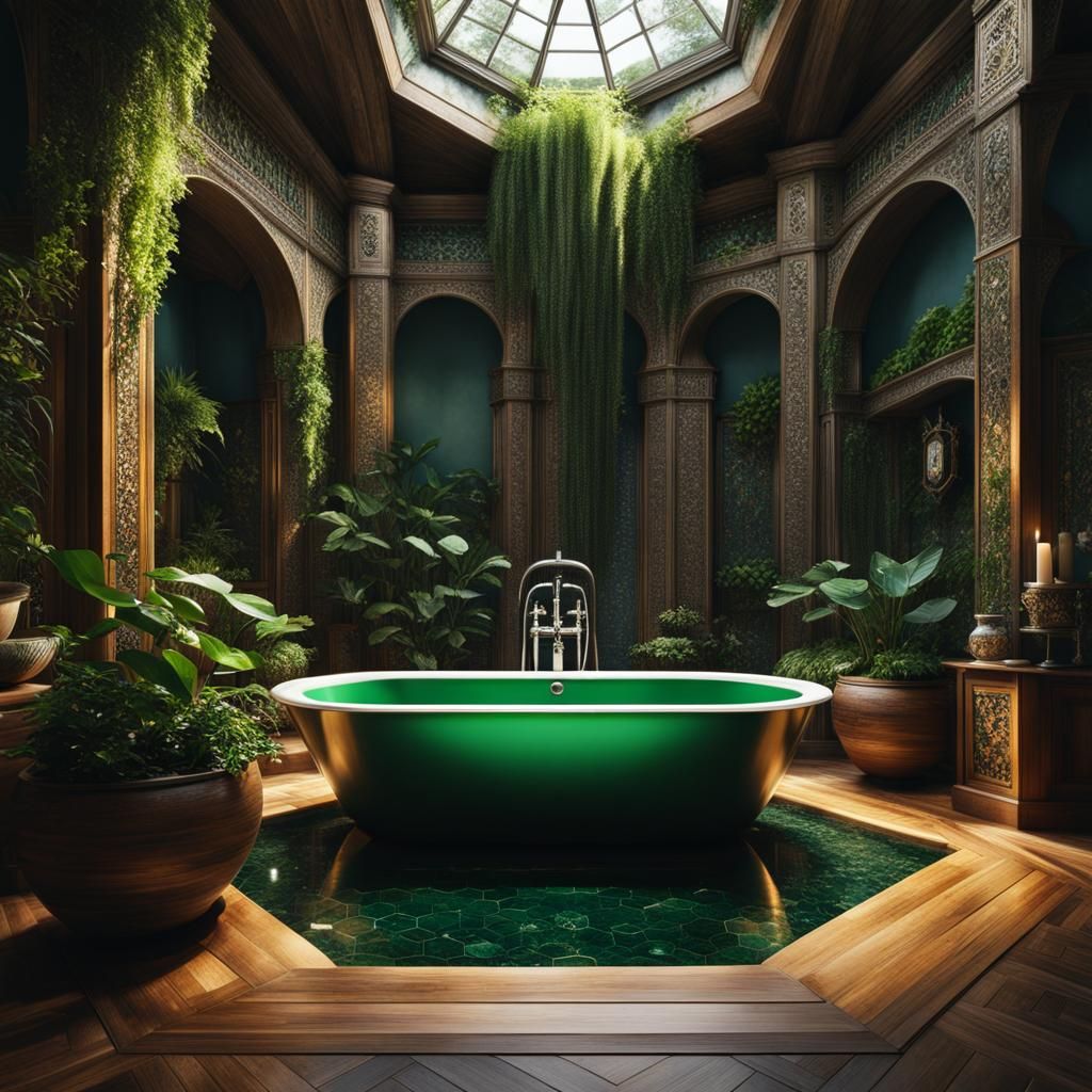 Scandinavian Bath with Hexagon Tiles and Plants