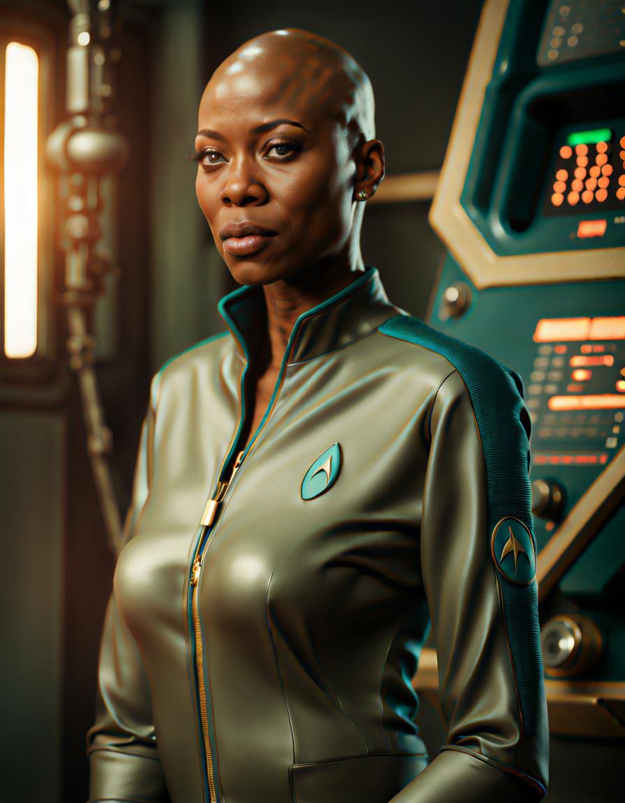 Bald Woman in Star Trek Jumpsuit, Hyperrealistic Portrait