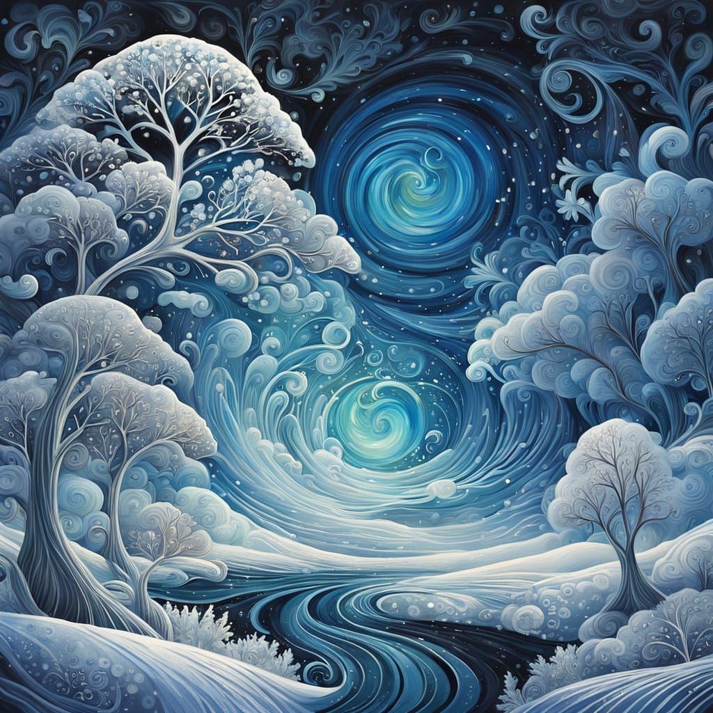 Mystical Coastal Scene in Icy Blue Hues