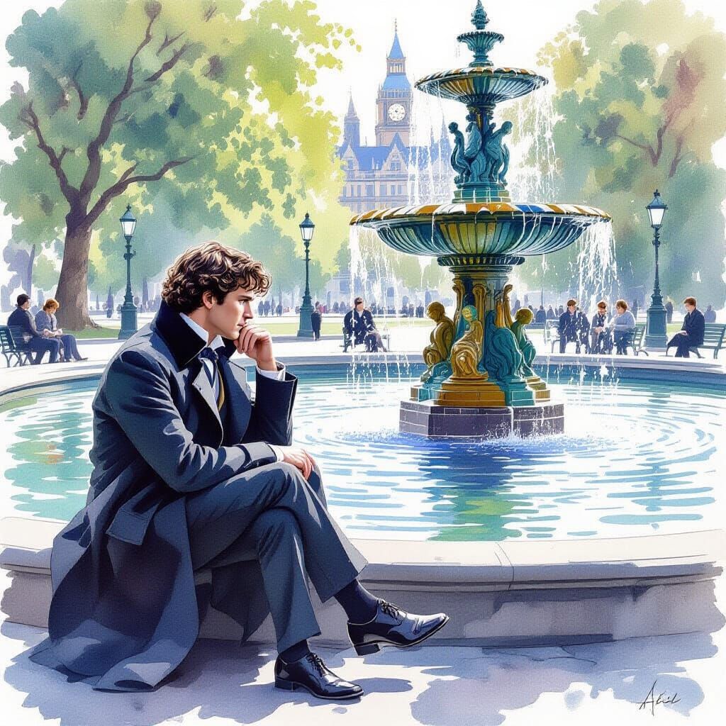 Young Detective Contemplates Near Hyde Park Fountain