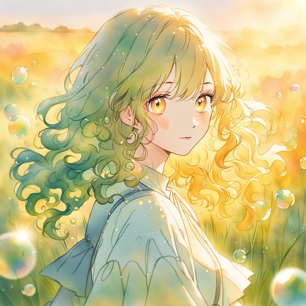 Girl Blowing Bubbles in Sunlit Field, Anime Style