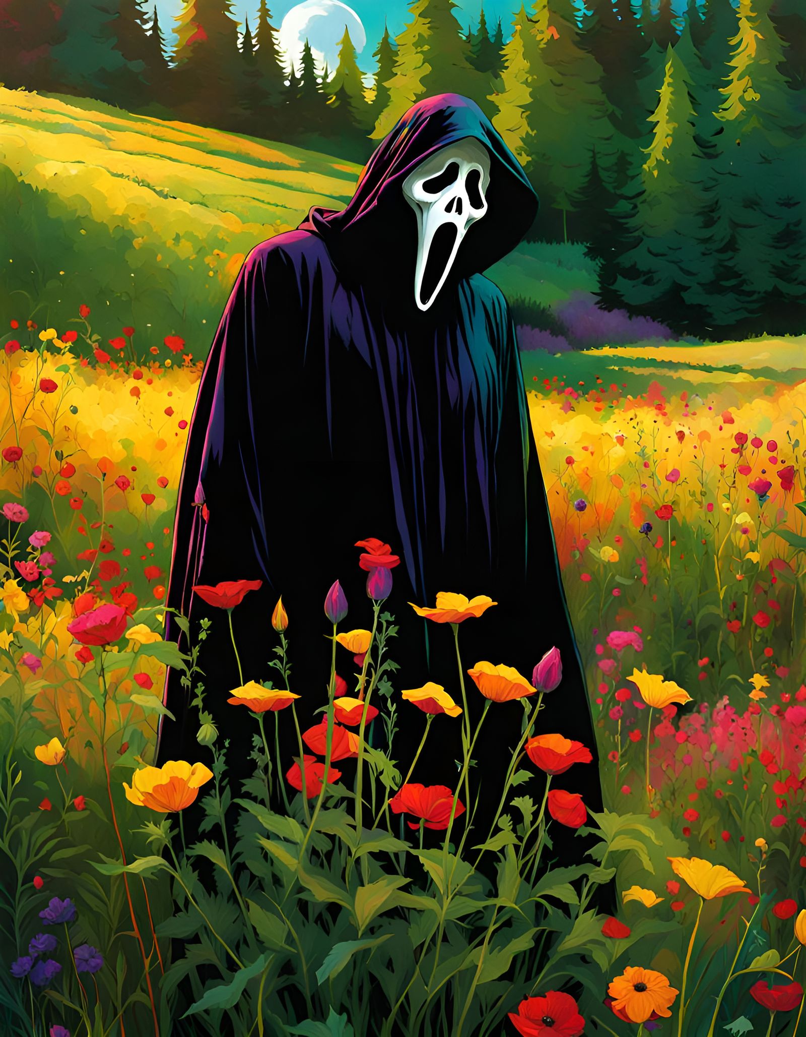 Ghostface in a Meadow: A Digital Illustration