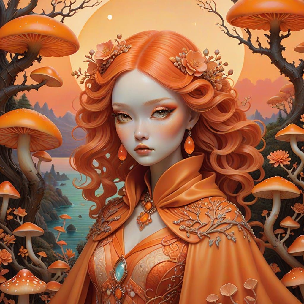 Surreal Orange Goddess in Whimsical Dreamscape