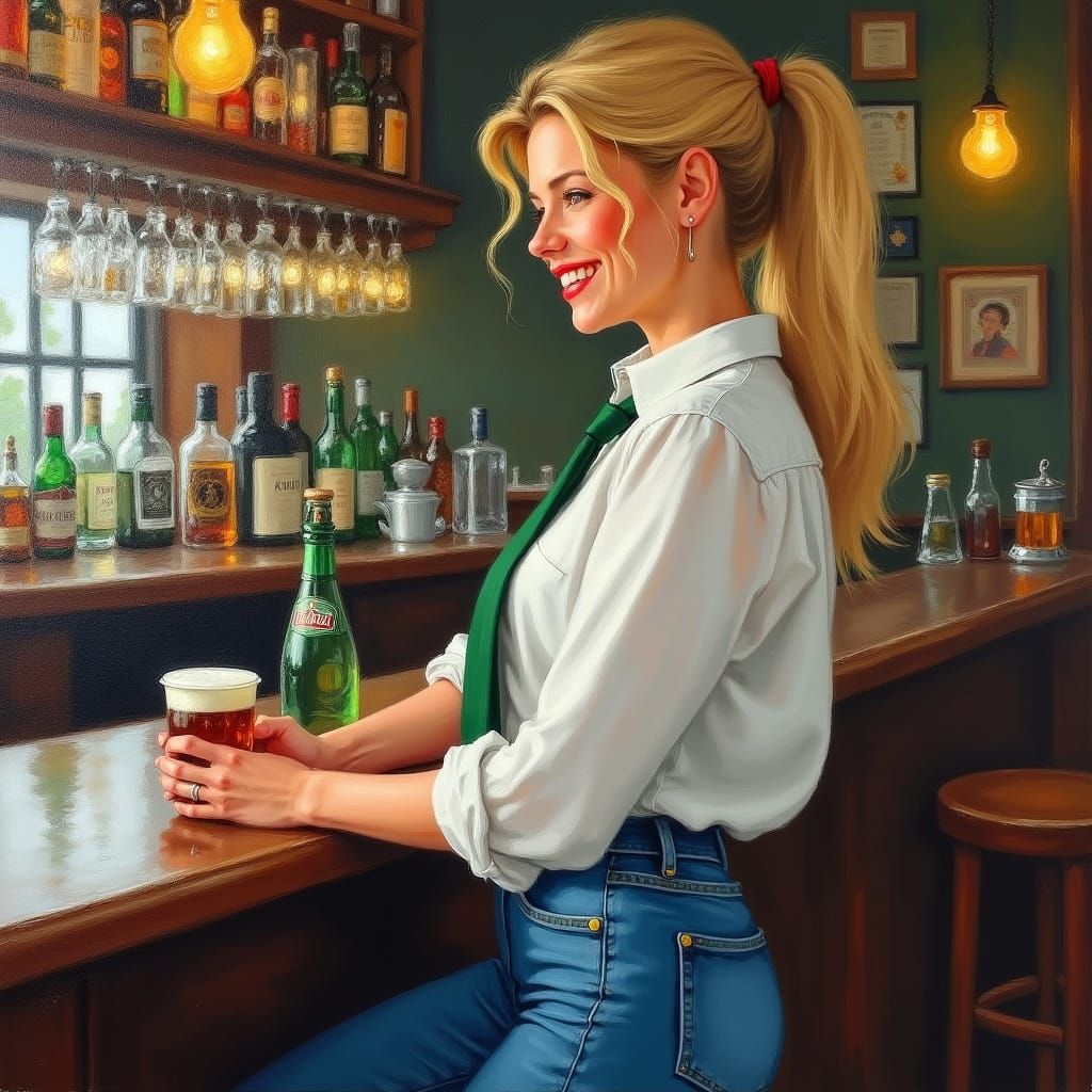 Woman in Irish Pub, Post-Impressionist Style