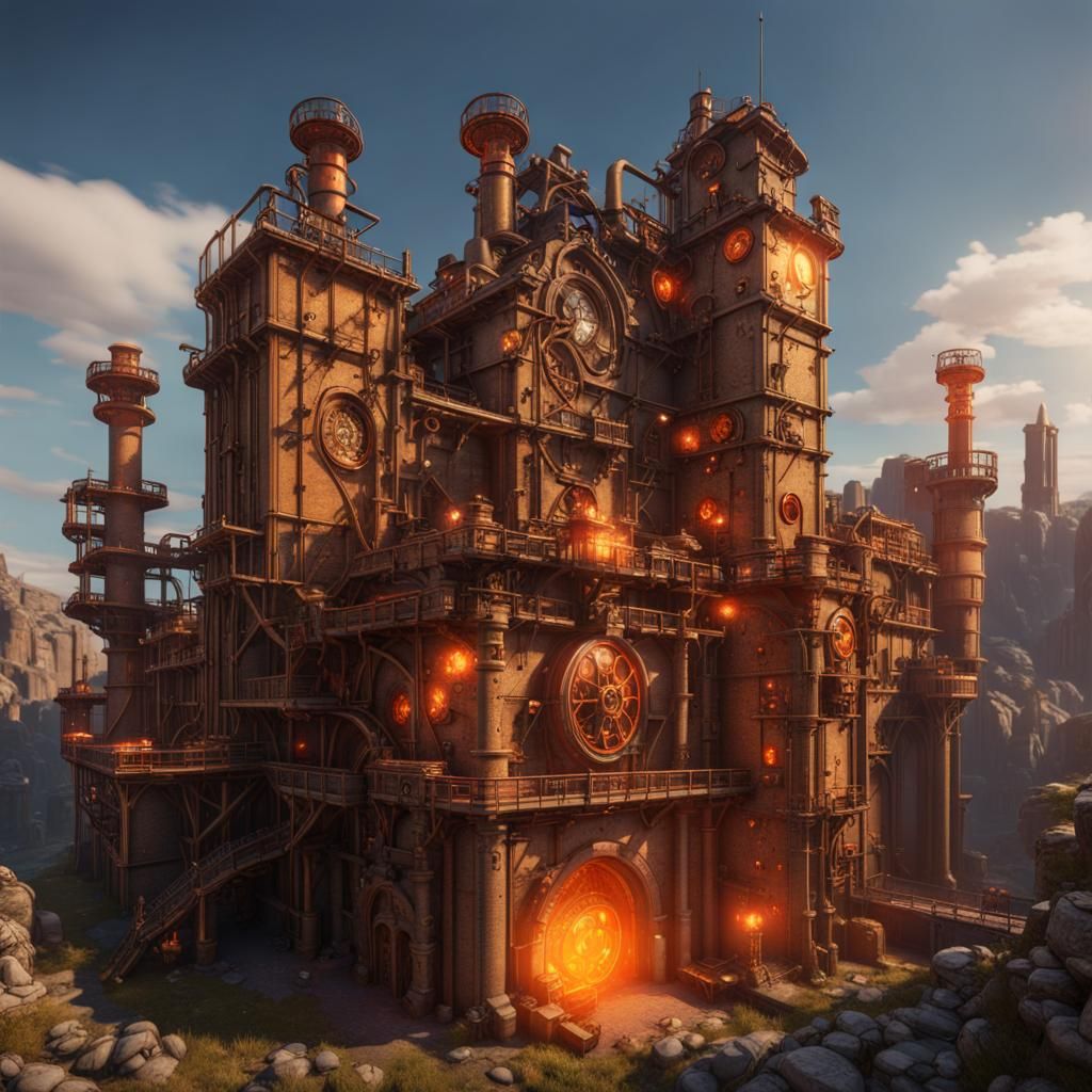 Steampunk Fortress with Gold Aura and Gears