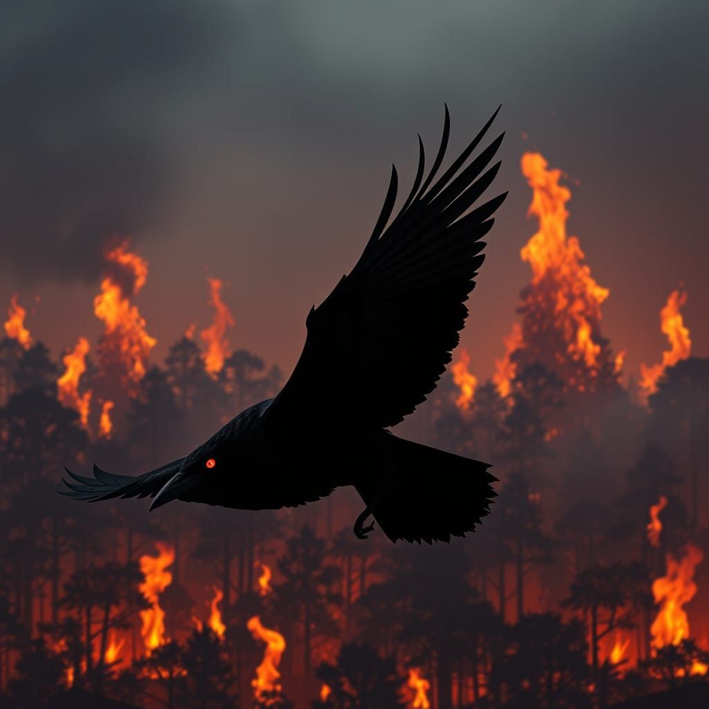 Majestic Raven Silhouetted Against Blazing Forest Landscape