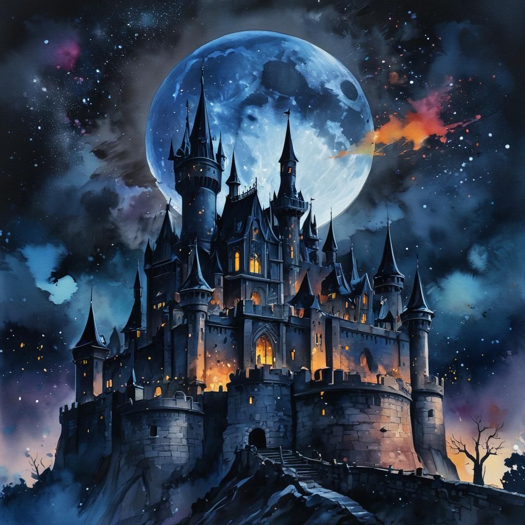 Ethereal Black Moon Over Castle Ramparts