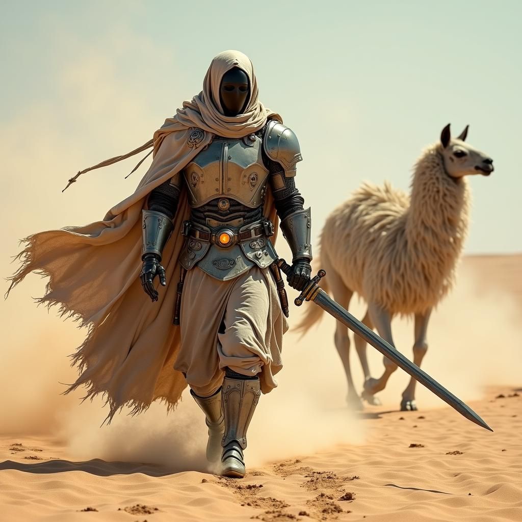 Medieval Cyborg in Desert with Steampunk Llama