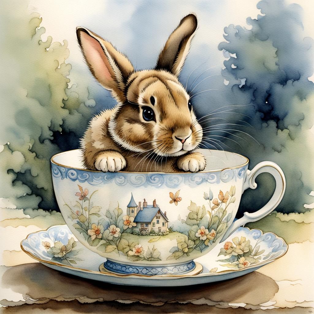 Tea cup bunny, anton pieck, Beatrix potter, watercolour