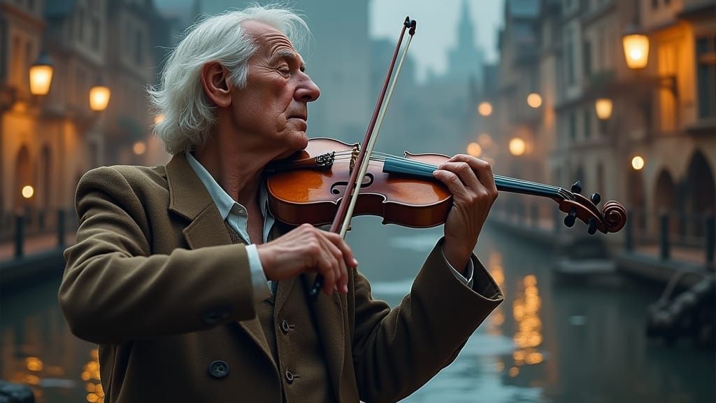 Elderly Maestro Plays Violin on Moonlit Riverbanks