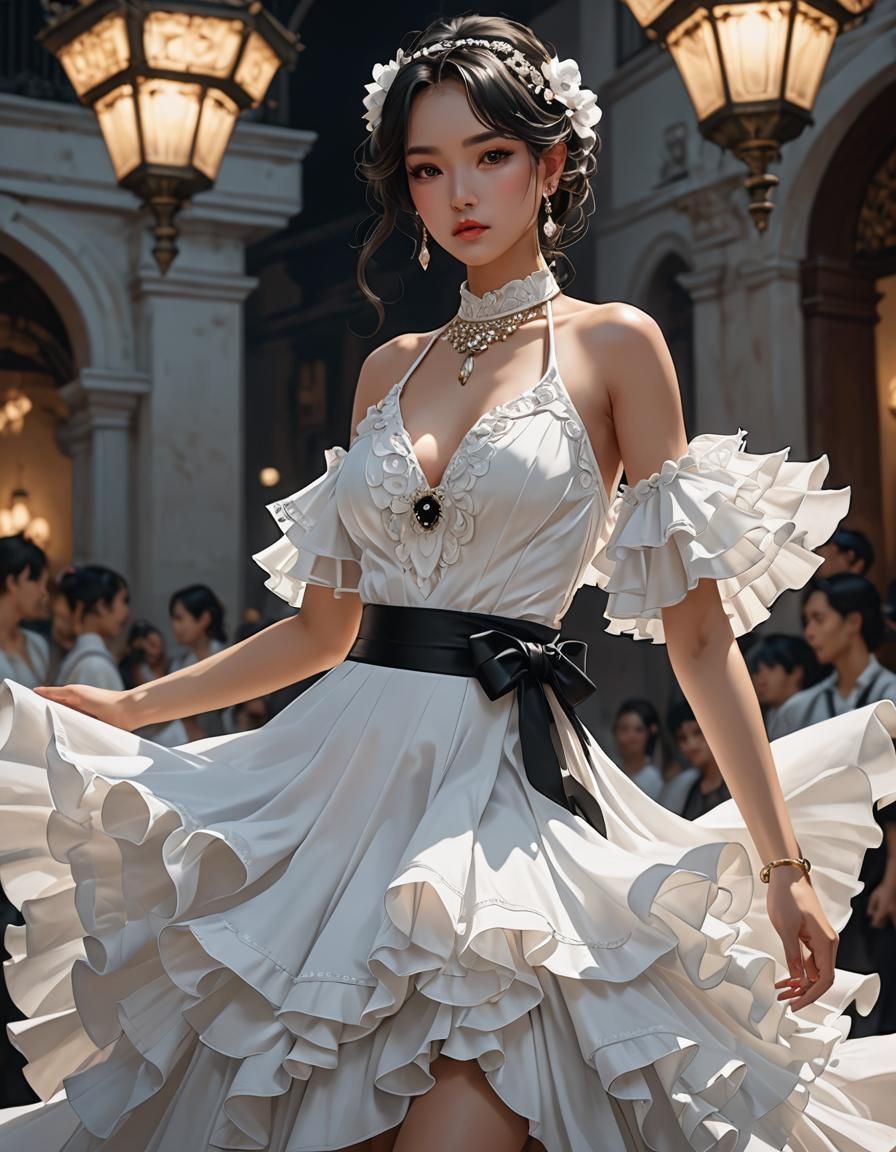 Glamorous White Flamenco Dress in 3D Anime Style
