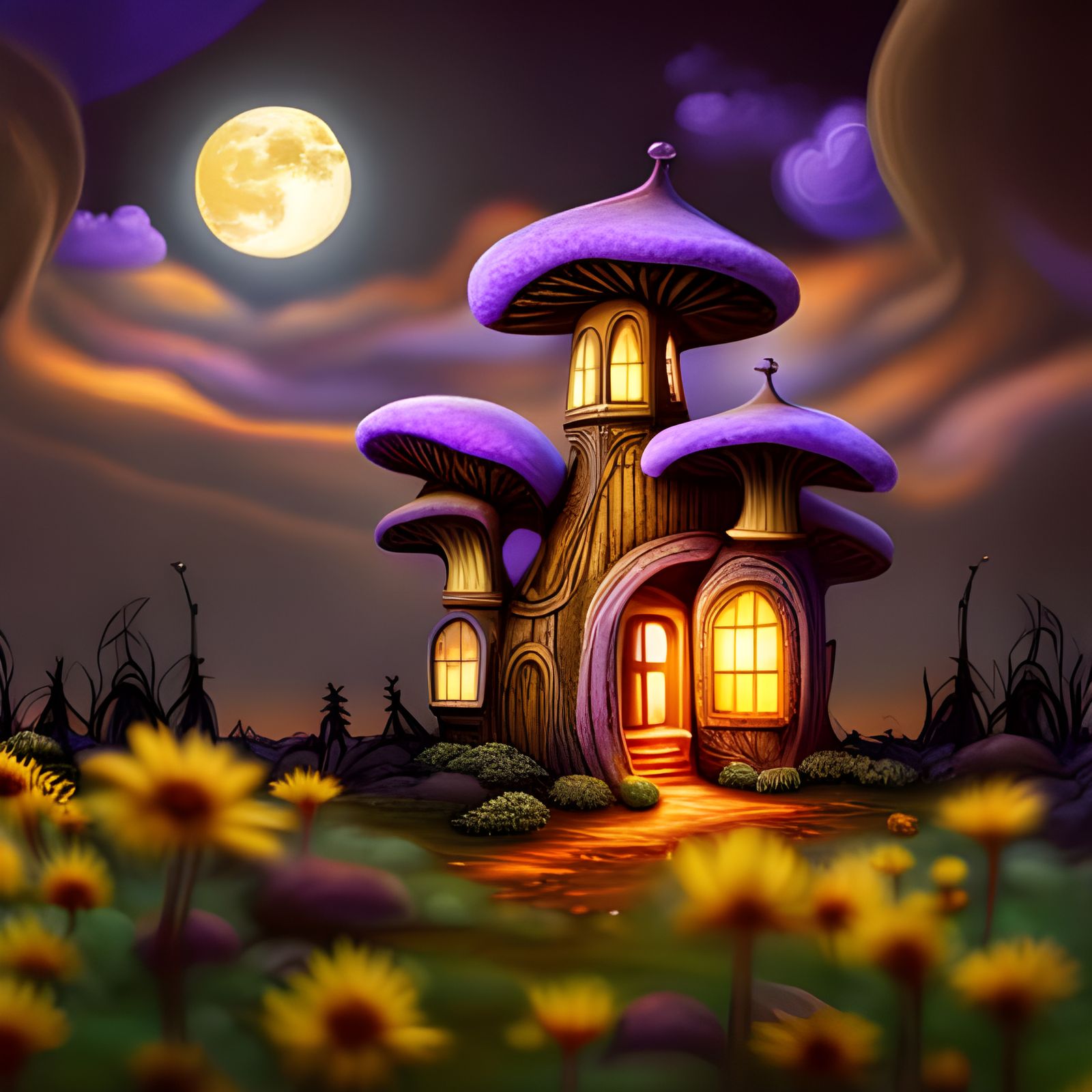 Enchanted Purple Mushroom House in Forest