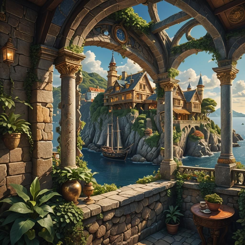 Seaside House with Ships: Digital Matte Painting