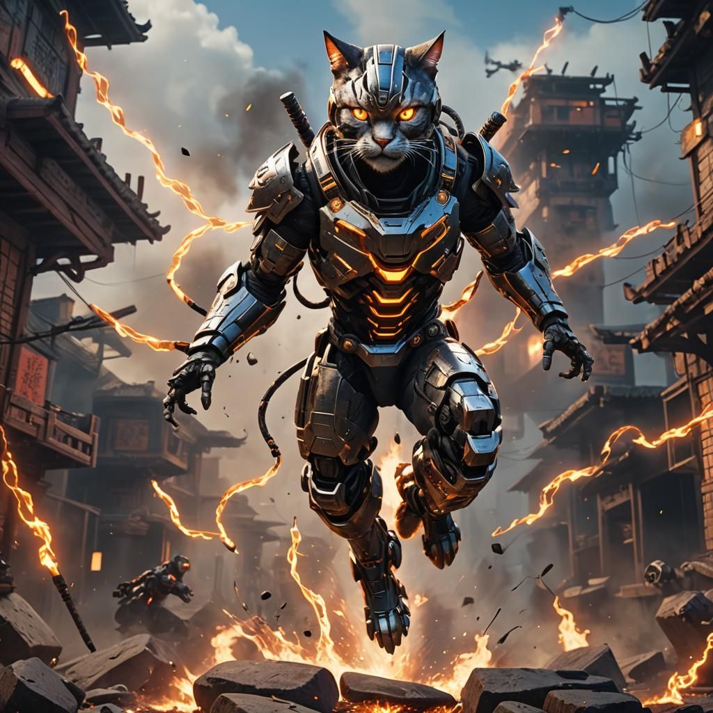 Cyborg Ninja Cat with Electric Fire Power