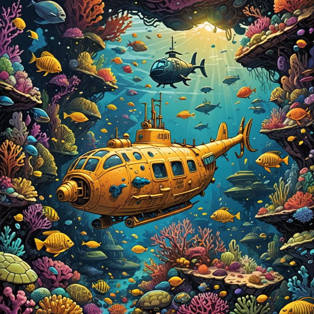 Yellow Submarine Among Colorful Coral Reefs