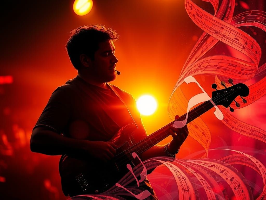 Golden Hour Bass Guitar Player with Flowing Notes