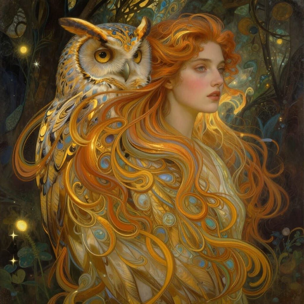 Surreal Woman and Owl Portrait in Art Nouveau Style
