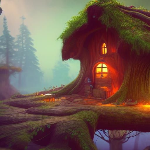 Gnome Home in Tree Stump: Fantasy Concept Art