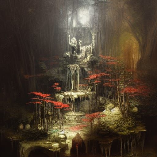 Blood Fern Fountain in Maximalist Oil Painting
