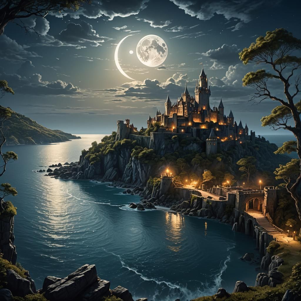 Moonlit Castle Ruins by the Ocean