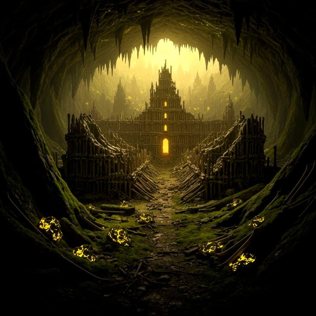 Ruined City Labyrinth Built From Bones in Golden Light