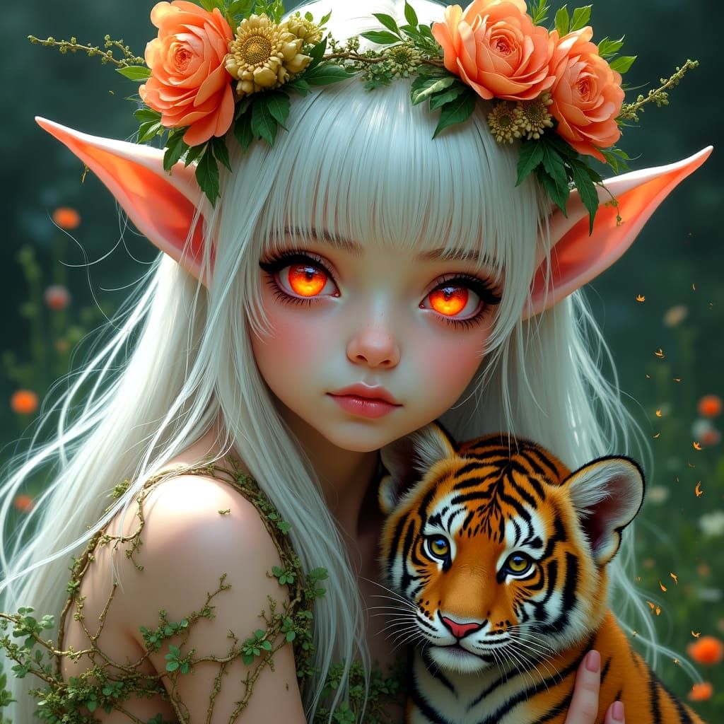 Ethereal Spring Princess with Tiger Cub in Gothic Comic Styl...