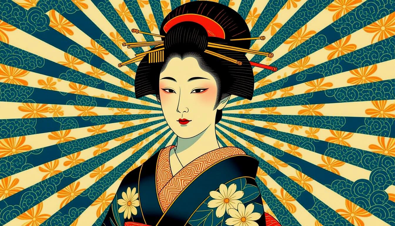 Mysterious Japanese Woman Double Exposure in Ukiyo-e Style