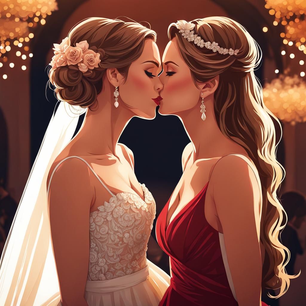 Women Kissing at Wedding: Warm Concept Art