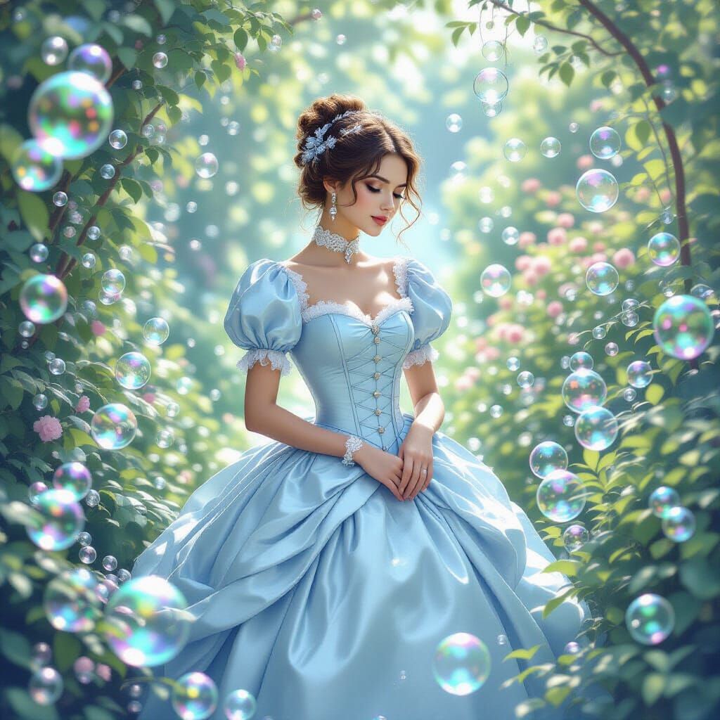 Victorian Woman in Soap Bubble Garden as Digital Art