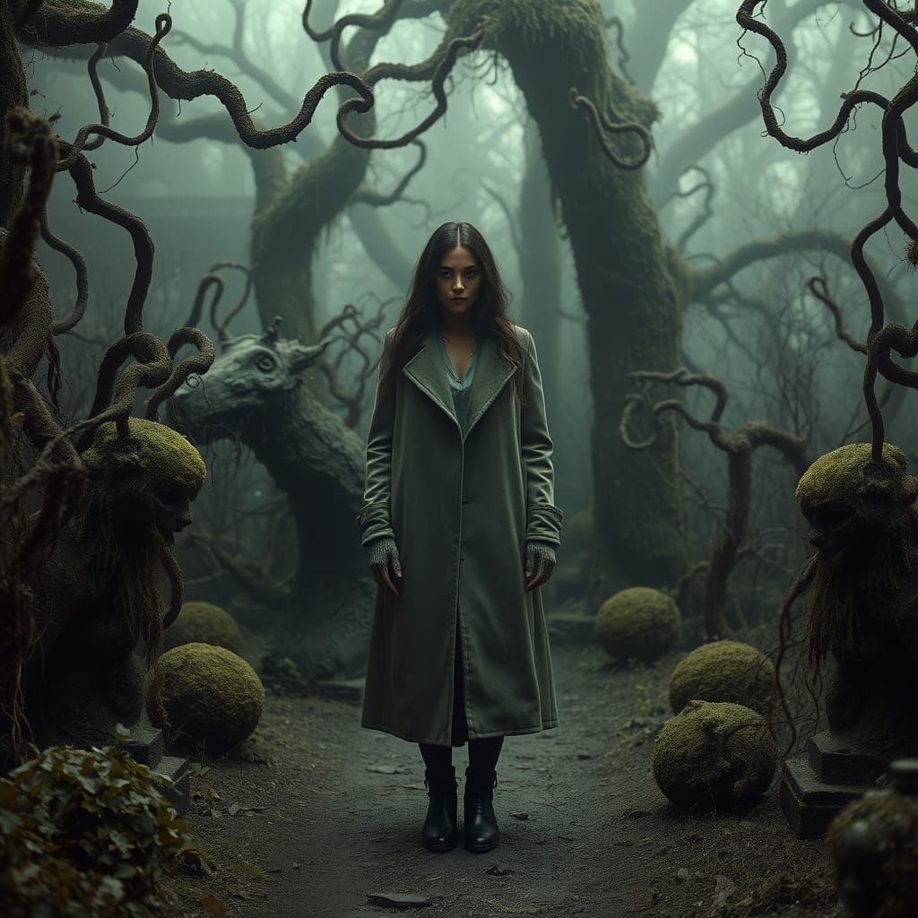 Eerie Garden Scene with Mysterious Woman in Earth Tones