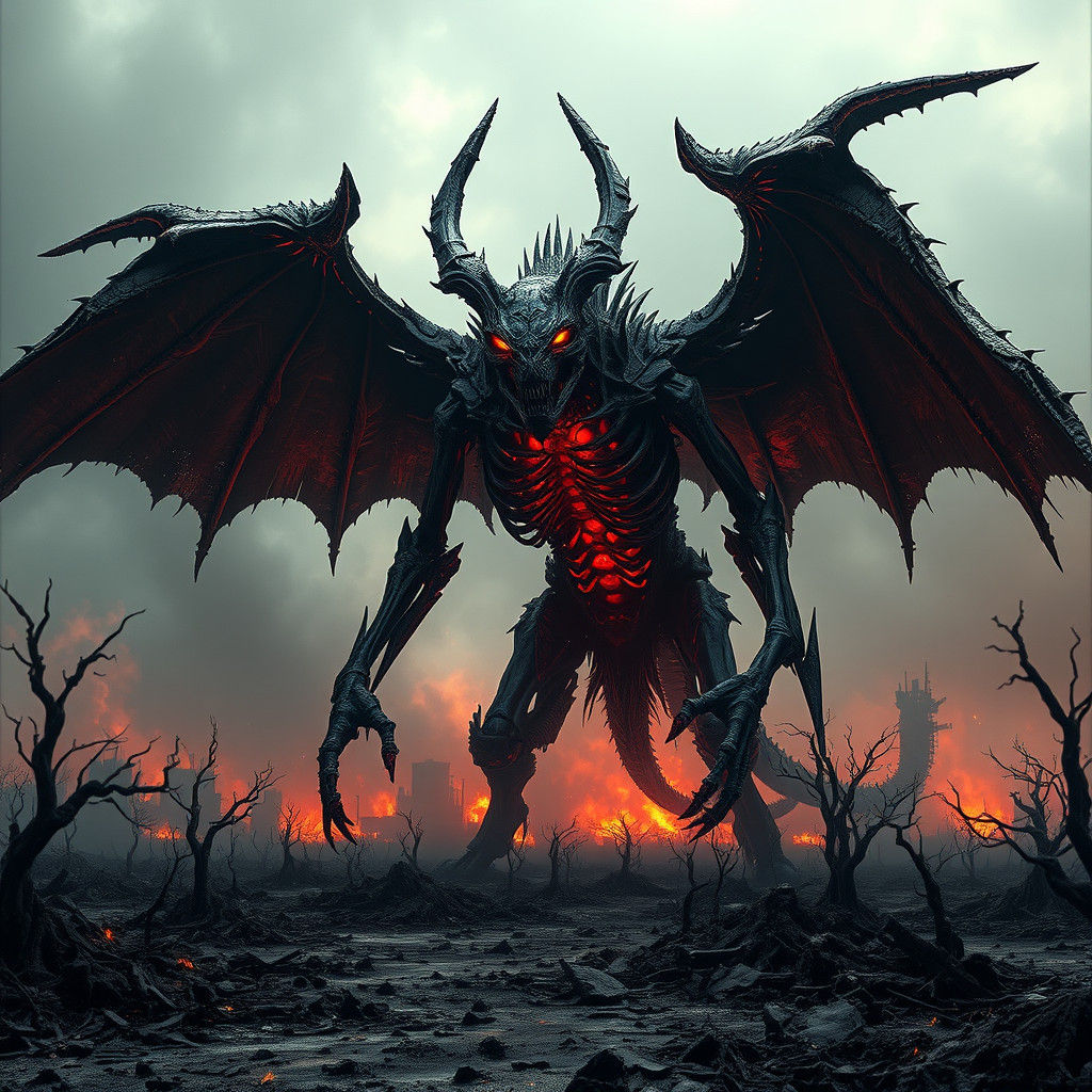 Skeletal Demon Dominates Charred Landscape