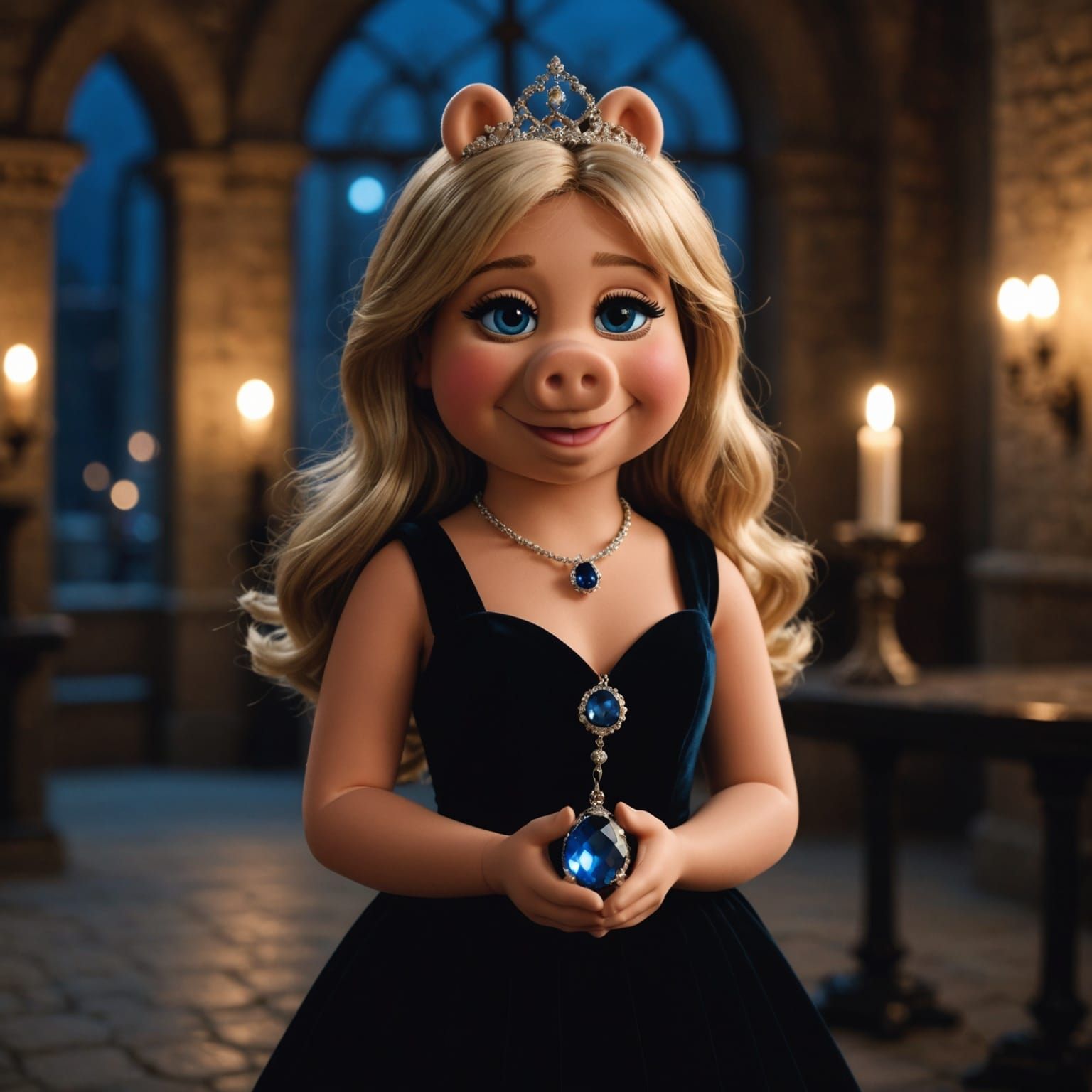 Miss Piggy in Black Dress with Magical Pendant