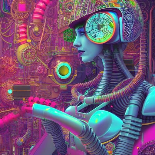 Robot Goddess in Forest: Retrofuturistic Mixed Media