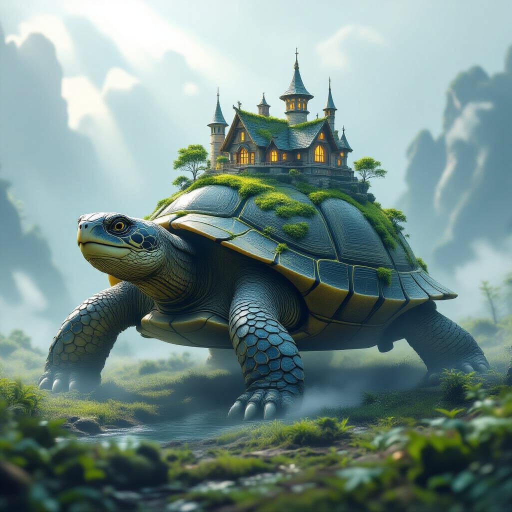 Ancient Turtle Village in Misty Ethereal Landscape