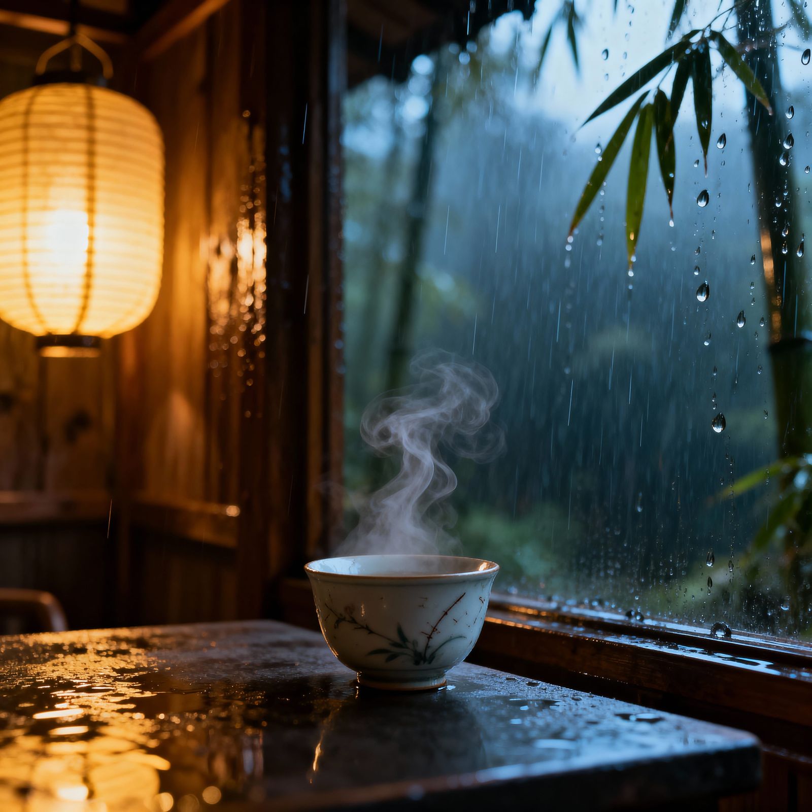 Cozy Tea House in Stormy Forest: Cinematic View