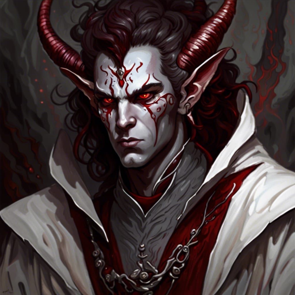 White-Skinned Tiefling Warlock in Crimson and White