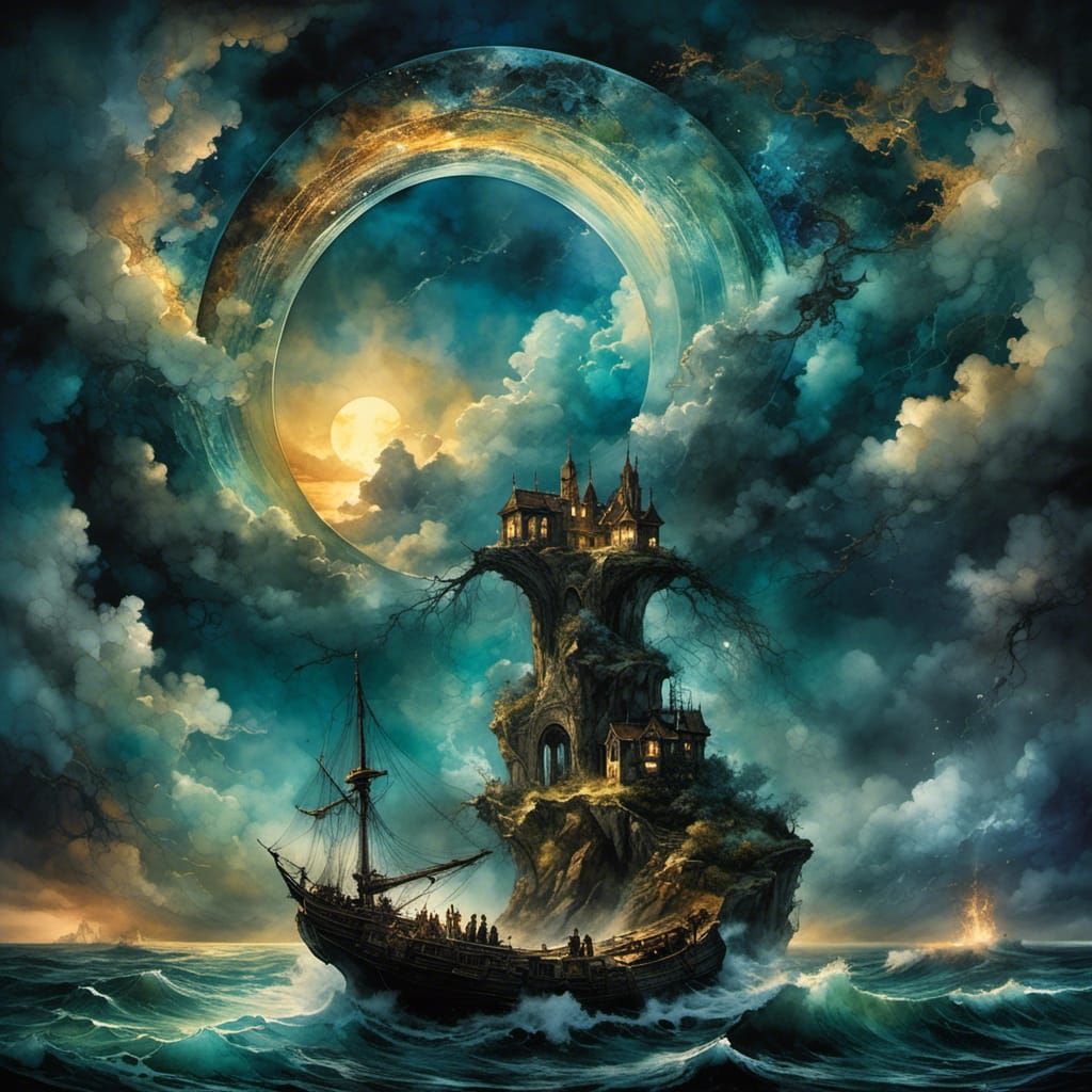 Floating Stone Portal Above Raging Ocean