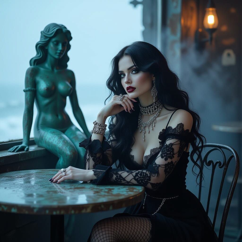 Goth Fashion Model in Moody Coffee Shop with Corroded Mermai...