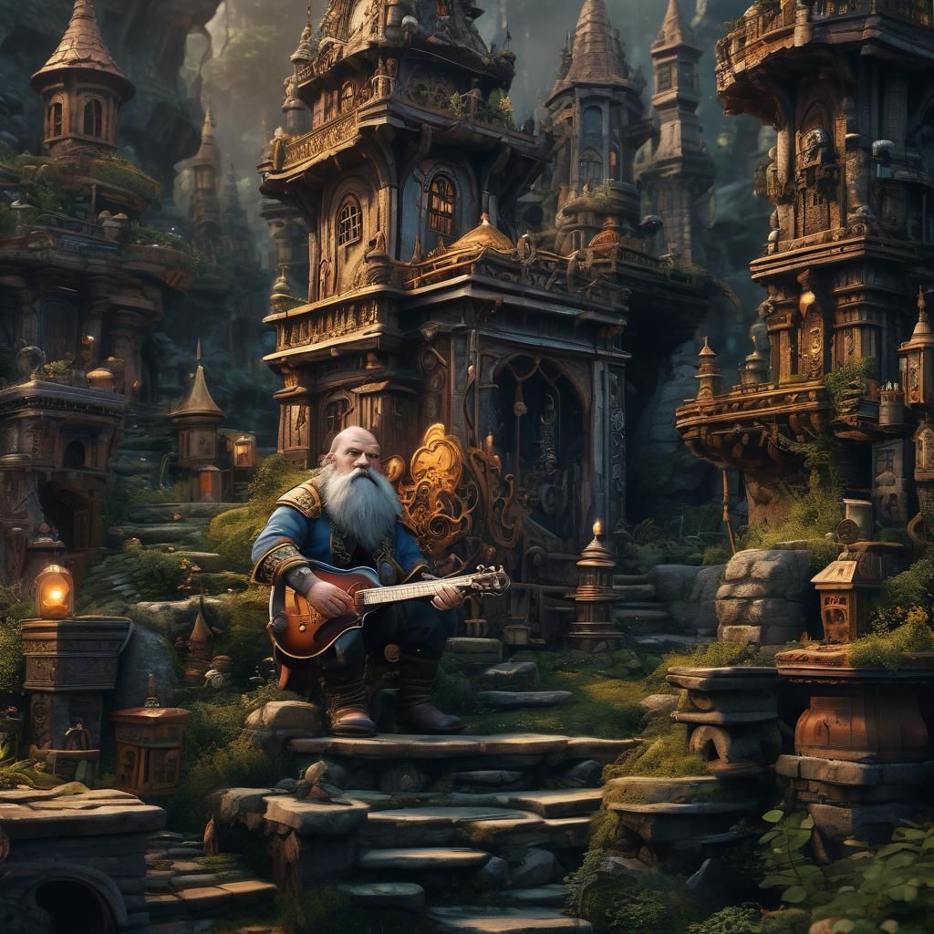 Sad Dwarf Singing Magical Music in Detailed Painting