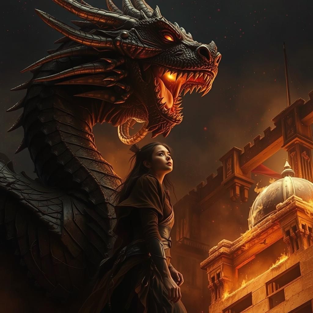 Woman Escapes Dragon Inferno in Gothic Surrealism