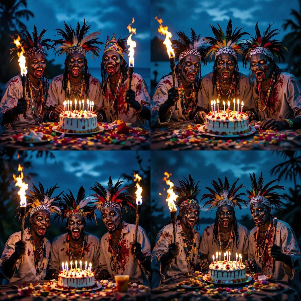 Caribbean Zombies Hold Torches on Scary Island Night