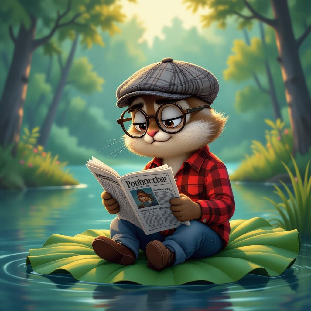 Moth Reading Newspaper in Forest, Cartoon Style
