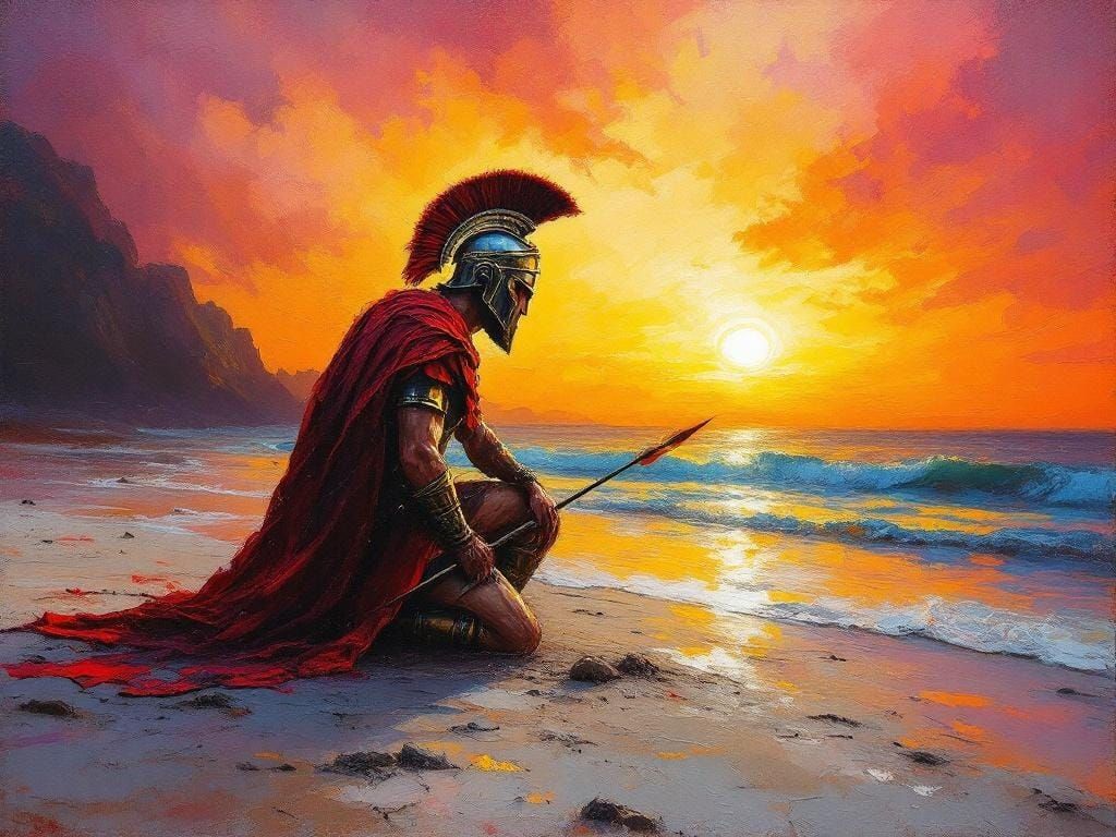 Roman Legionary on Beach: Neo-Impressionist Oil Painting