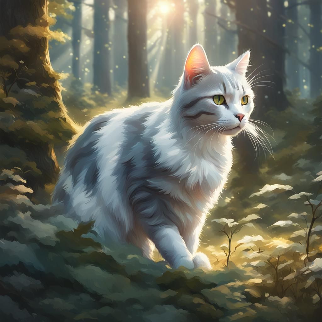 Cat Portrait in Forest with Divine Lighting